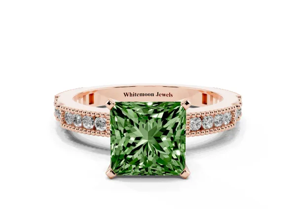 Fancy Green Princess Cut Solitaire with Pavé Band and Four-Prong Setting Rose gold