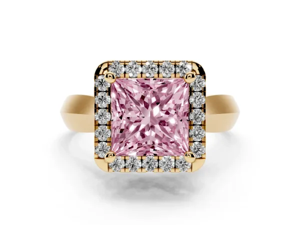 Fancy Pink Princess Cut Cut Halo Solitaire Engagement Ring with Square Band and Four-Prong Setting Yellow gold