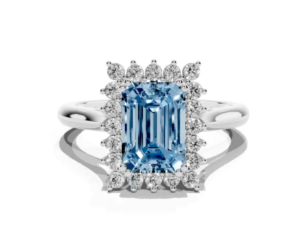 Fancy Blue Emerald Cut Cut Diamond Halo Ring with Solitaire Band and Prong Setting Platinum
