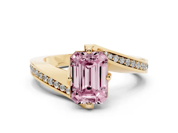Fancy Pink Emerald Cut Solitaire Diamond Twist Band with Pavé Setting and Four-Prong Setting Yellow gold