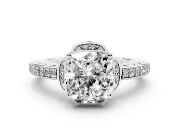 Cushion Cut Cut Halo Diamond Ring with Channel Set Band and Four-Prong Setting Platinum