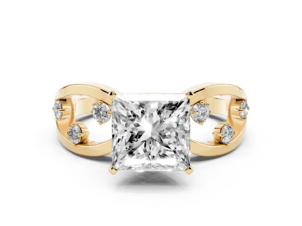 Princess Cut Cut Solitaire Diamond with Side Stones on Criss-Cross Band and Four-Prong Setting Yellow gold