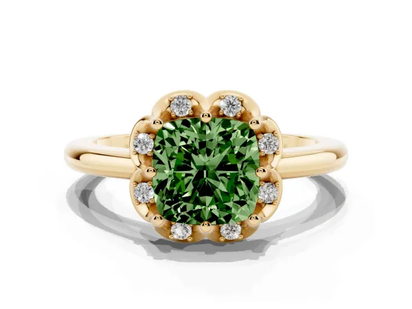 Fancy Green Cushion Cut Halo Diamond Ring with Round Cluster Setting, Solitaire Band, and Four-Prong Setting Yellow gold