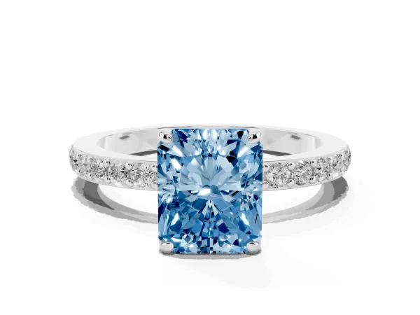 Fancy Blue Radiant Cut Diamond Pavé Engagement Ring with Round Accents and Prong Setting Platinum