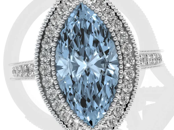 Fancy Blue Halo Marquise Cut-Cut Diamond Pave Band Milgrain Prong Setting Ring Platinum