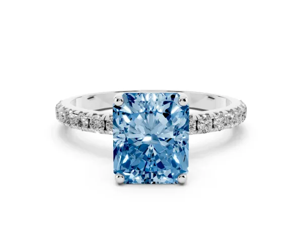 Fancy Blue Radiant Cut Cut Diamond Solitaire Ring with Micro Pave Band and Four Prong Setting White gold