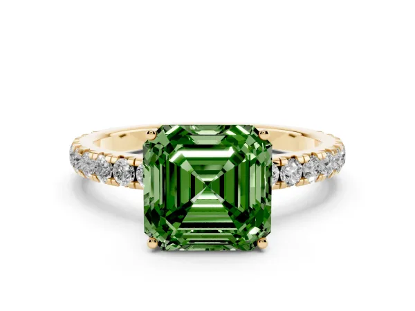 Fancy Green Asscher Cut Diamond Pavé Solitaire Engagement Ring with Four-Prong Setting Yellow gold
