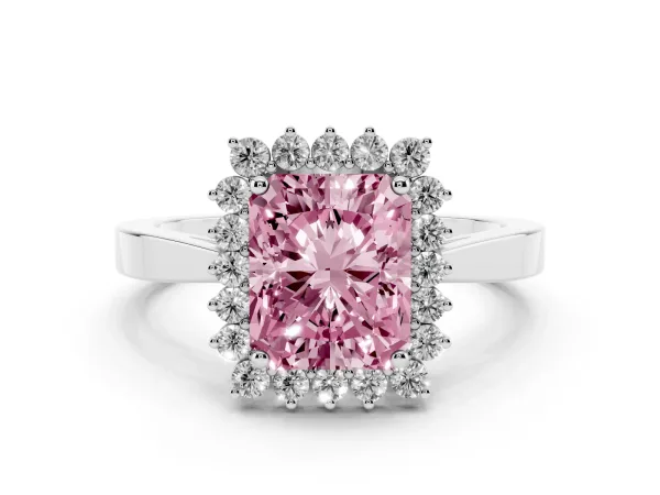 Fancy Pink Radiant Cut Cut Diamond Halo Ring with Round Brilliant Halo and Solitaire Band White gold