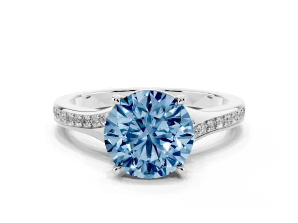 Fancy Blue Round Cut Diamond Solitaire Ring with Pavé Band and Prong Setting White gold