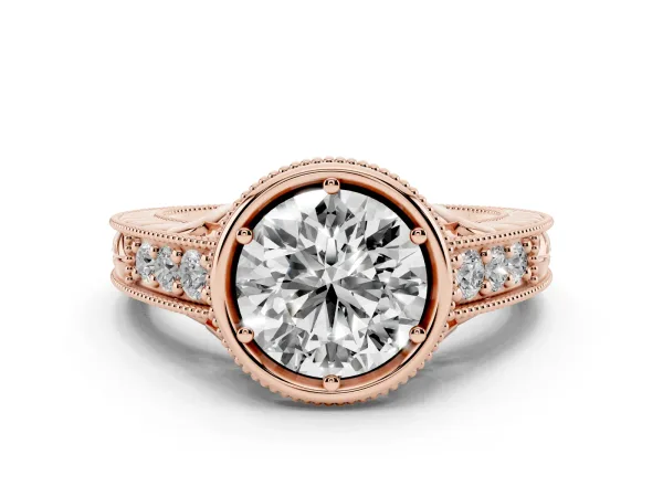 Bezel Set Round Cut Diamond Milgrain Pave Engagement Ring Rose gold