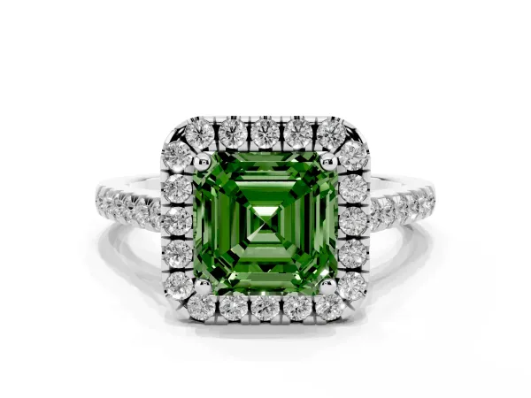 Fancy Green Asscher Cut Halo Pavé Diamond Engagement Ring with Four-Prong Setting White gold