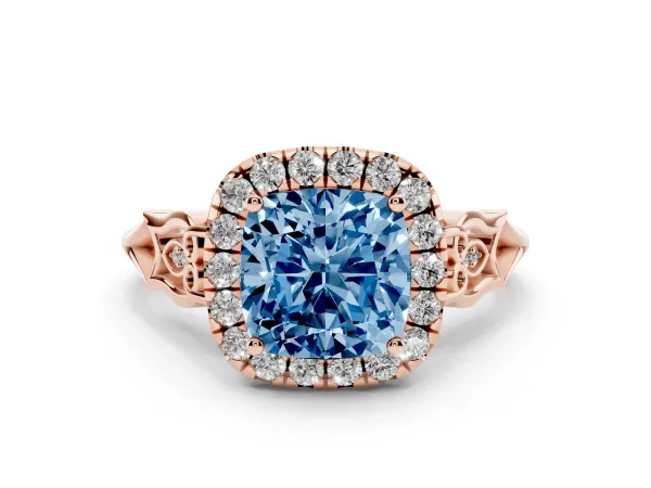 Fancy Blue Cushion Cut Halo Diamond Engagement Ring with Filigree Band and Four-Prong Setting Rose gold