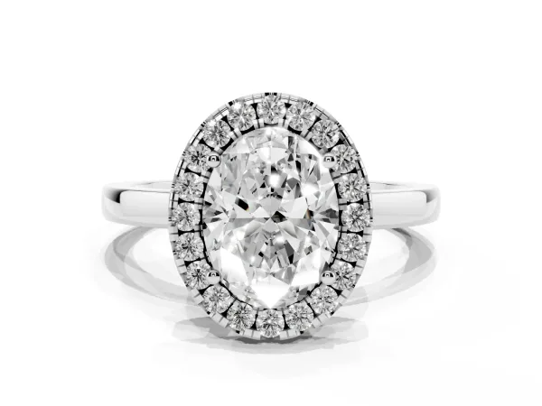 Oval Cut Halo Diamond Solitaire with Pavé Band and Four-Prong Setting White gold