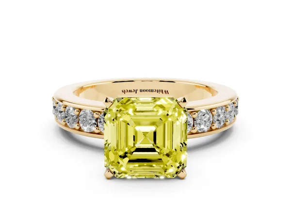 Fancy Yellow Asscher Cut Diamond Engagement Ring with Channel Set Round Band and Prong Setting Yellow gold