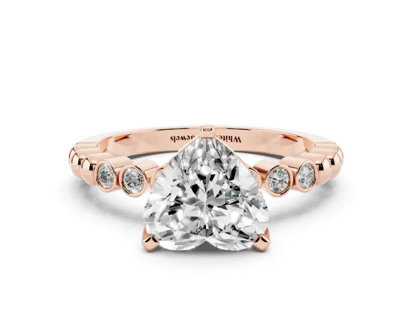 Heart Cut Solitaire Bezel Accent Diamond Engagement Ring with Beaded Band and Four-Prong Setting Rose gold