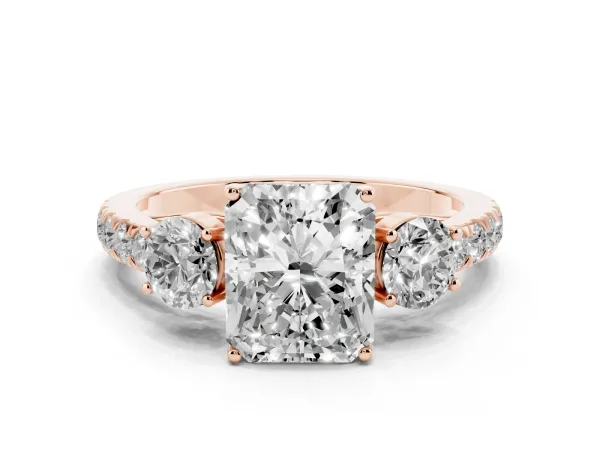 Radiant Cut Cut Diamond Three-Stone Ring with Round Side Stones and Pavé Band Rose gold