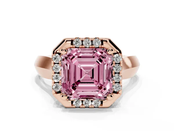 Fancy Pink Asscher Cut Cut Halo Solitaire Engagement Ring with Square Band and Four-Prong Setting Rose gold