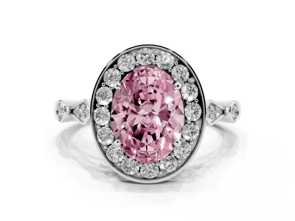 Fancy Pink Oval Cut Halo Diamond Engagement Ring with Twisted Band and Four-Prong Setting Platinum