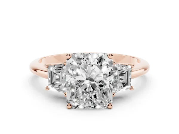 Radiant Cut Diamond Three-Stone Ring with Trapezoid Side Stones and Prong Setting Rose gold