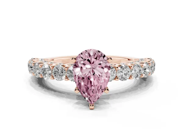 Fancy Pink Pear Cut Diamond Solitaire Ring with Shared Prong Pavé Band and Four-Prong Setting Rose gold