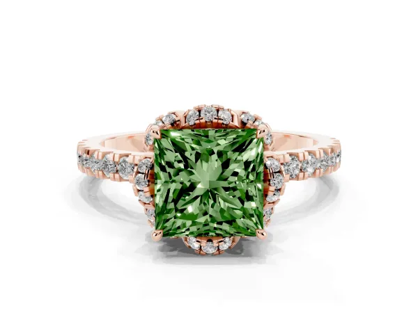 Fancy Green Princess Cut Diamond Halo Pave Band with Four-Prong Setting Rose gold