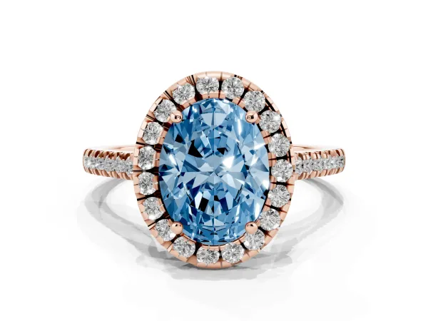 Fancy Blue Oval Cut Diamond Cushion Halo Ring with Pavé Band Rose gold