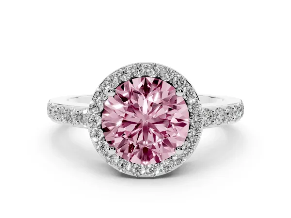 Fancy Pink Round Cut Halo Diamond Pavé Band Ring with Prong Setting Platinum