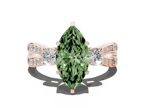 Fancy Green Three-Stone Marquise Cut Cut Diamond Twist Band with Prong Setting Rose gold
