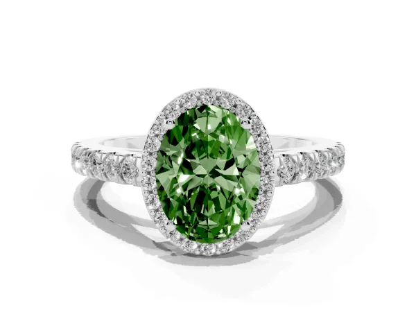 Fancy Green Oval Cut Cut Halo Diamond Engagement Ring with Pave Band and Four-Prong Setting Platinum