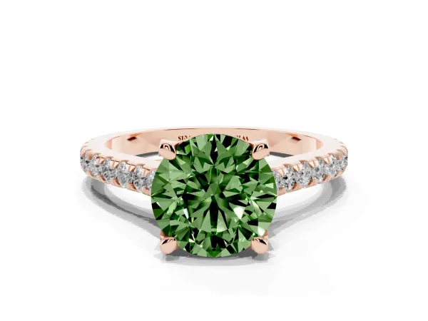 Fancy Green Round Cut Brilliant Diamond Solitaire with Pavé Band and Four-Prong Setting Rose gold