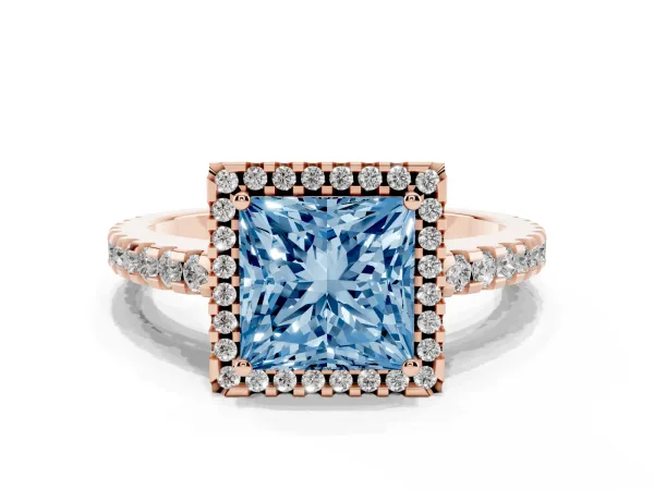 Fancy Blue Princess Cut Diamond Halo Engagement Ring with Pavé Band and Prong Setting Rose gold