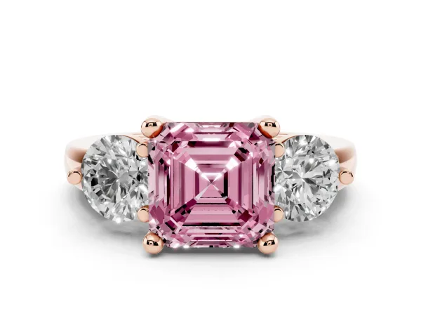 Fancy Pink Three-Stone Asscher Cut Brilliant Cut Solitaire Ring with Prong Setting on a Classic Band Rose gold