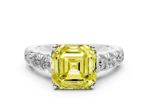 Fancy Yellow Asscher Cut Cut Diamond Solitaire Ring with Micro Pave Band and Prong Setting Platinum