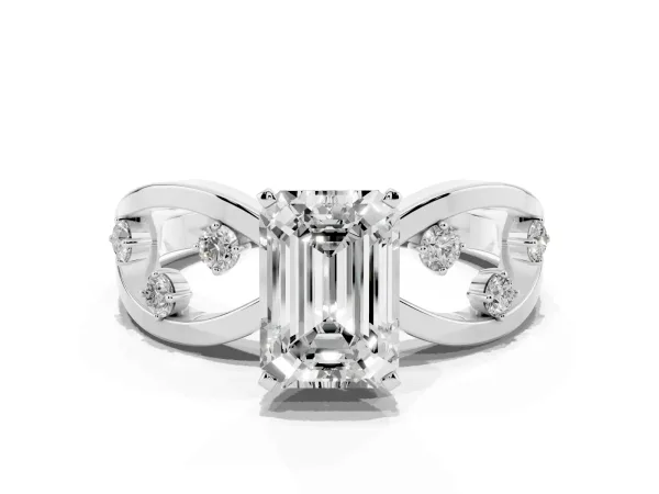 Emerald Cut Cut Solitaire Diamond with Side Stones on Criss-Cross Band and Four-Prong Setting Platinum