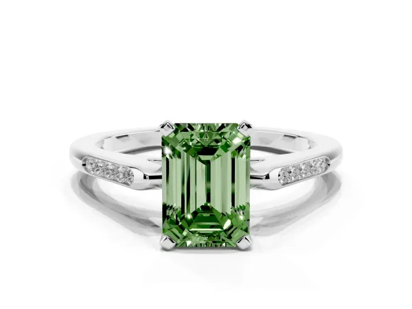 Fancy Green Emerald Cut Diamond Solitaire Ring with Channel Set Round Band and Prong Setting Platinum