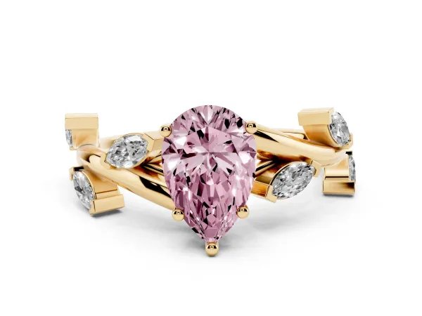 Fancy Pink Pear Cut Solitaire Twisted Band Marquise Accent Prong Setting Ring Yellow gold