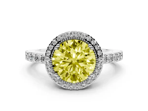 Fancy Yellow Round Cut Cut Diamond Halo Engagement Ring with Milgrain Detail and Pavé Band Platinum