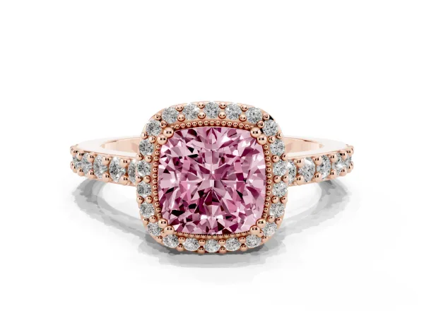 Fancy Pink Cushion Cut Cut Diamond Halo Engagement Ring with Milgrain Detail and Pavé Band Rose gold
