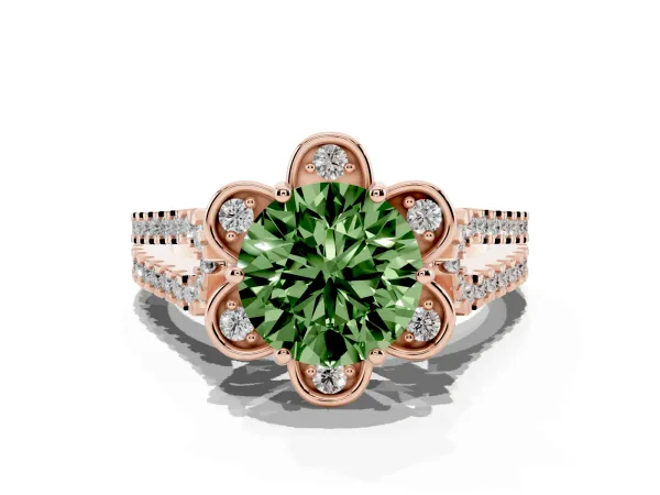 Fancy Green Round Cut Halo Diamond Floral Split Shank Engagement Ring Rose gold