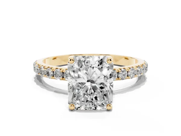 Radiant Cut Cut Diamond Solitaire Ring with Micro Pave Band and Four Prong Setting Yellow gold