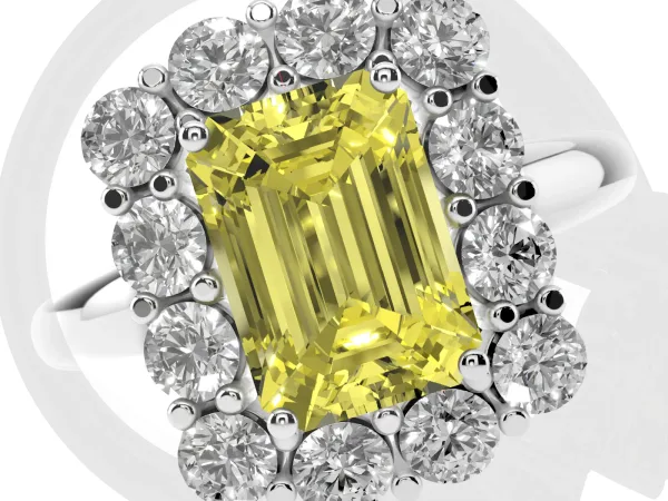 Fancy Yellow Emerald Cut Halo Cluster Diamond Engagement Ring with Prong Setting and Polished Band Platinum