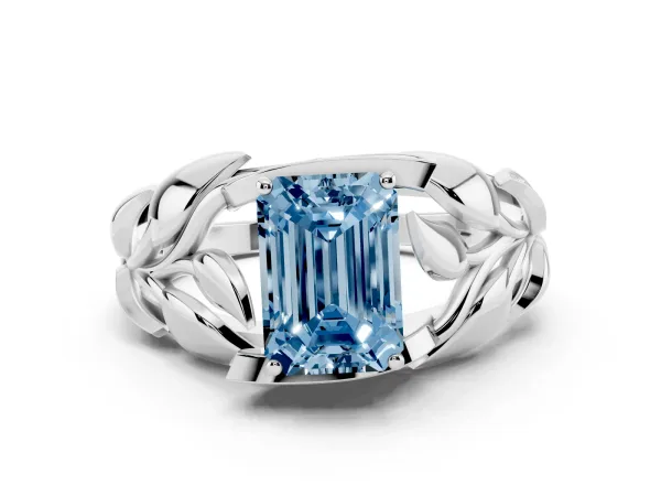 Fancy Blue Emerald Cut Diamond Leaf-Inspired Engagement Ring with Round Accents and Prong Setting White gold