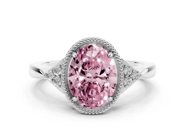 Fancy Pink Hexagonal Halo Oval Cut Diamond Solitaire with Pavé Band and Four-Prong Setting White gold