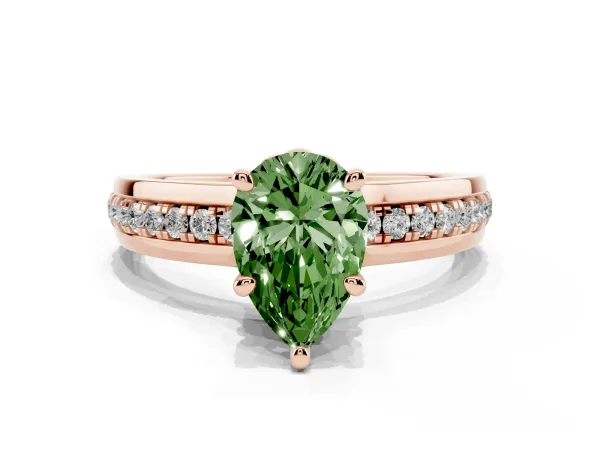 Fancy Green Pear Cut Solitaire Diamond Ring with Channel Set Band and Six-Prong Setting Rose gold