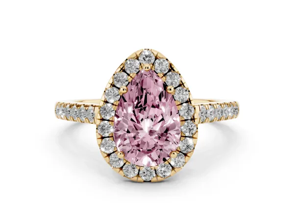 Fancy Pink Pear Cut Halo Pave Diamond Engagement Ring with Four-Prong Setting Yellow gold