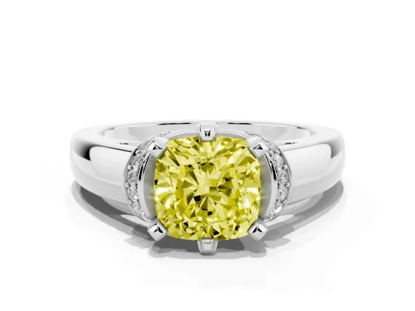 Fancy Yellow Cushion Cut Solitaire Diamond Ring with Pave Band and Six-Prong Setting Platinum