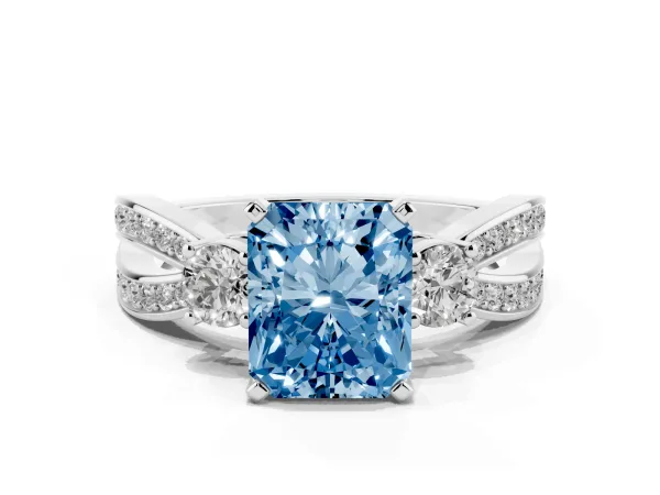 Fancy Blue Three-Stone Radiant Cut Cut Diamond Twist Band with Prong Setting White gold