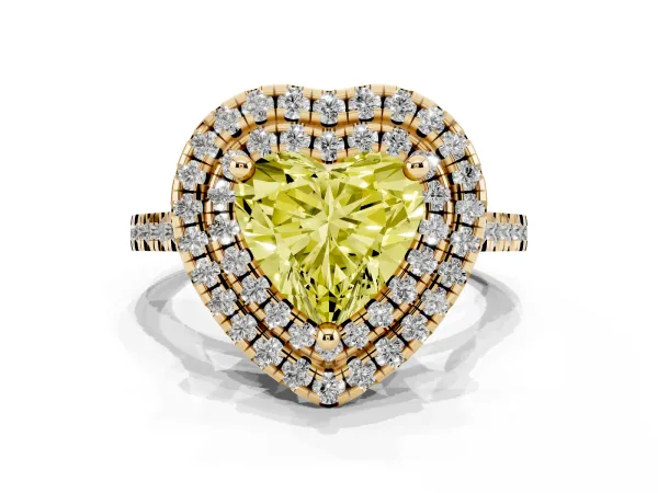 Fancy Yellow Double Halo Heart Cut Diamond Pavé Band with Four-Prong Setting Yellow gold