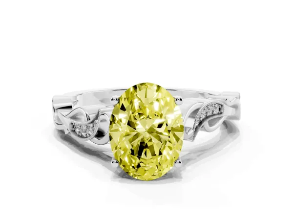 Fancy Yellow Oval Cut Solitaire Vine Band with Milgrain Prong Setting Platinum