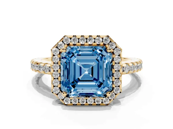 Fancy Blue Asscher Cut Diamond Halo Engagement Ring with Pavé Band and Prong Setting Yellow gold